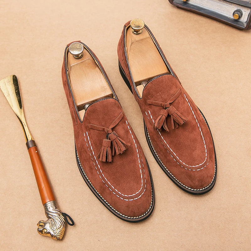 Trend Designer Britain Retro Pointed Tassels Suede Wedding Leather Oxford Shoes Men Casual Loafers  Formal Dress Zapatos Hombre