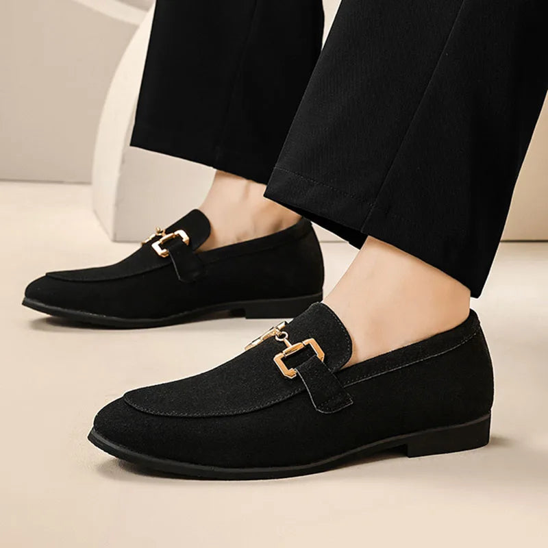 Britain Fashion Retro Men Pointed Black Slip On Flats Suede Leather Shoes Casual Loafers Formal Dress Footwear Zapatos Hombre
