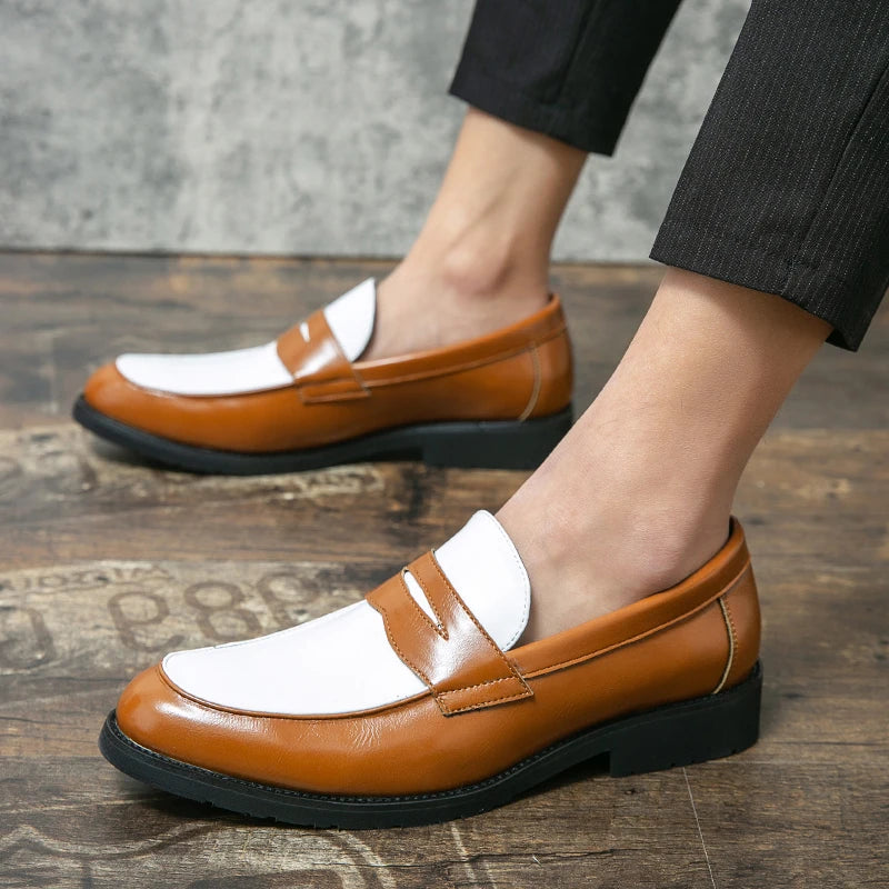 New Designer Men Pointed Two-tone Patchwork Slip On Gentleman Wedding Homecoming Dress Shoes Flats Casual Loafer  Zapatos Hombre