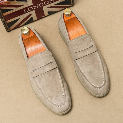 Britain Retro Men Pointed Suede Flats Genuine Leather Shoes Casual Penny Loafers Formal Dress Footwear Sapatos Tenis Masculino