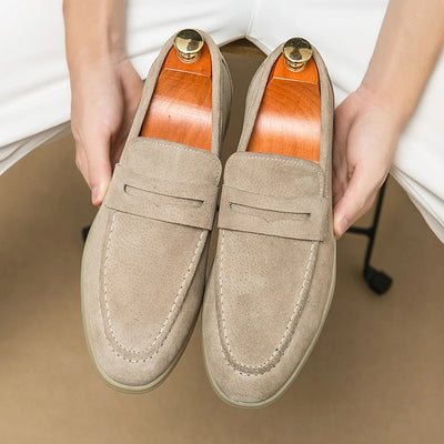 Britain Retro Men Pointed Suede Flats Genuine Leather Shoes Casual Penny Loafers Formal Dress Footwear Sapatos Tenis Masculino