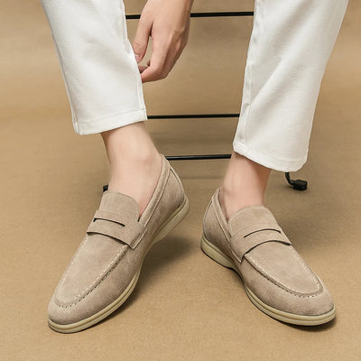 Britain Retro Men Pointed Suede Flats Genuine Leather Shoes Casual Penny Loafers Formal Dress Footwear Sapatos Tenis Masculino