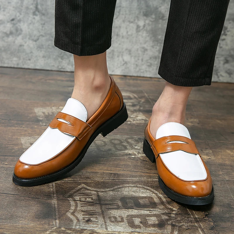 New Designer Men Pointed Two-tone Patchwork Slip On Gentleman Wedding Homecoming Dress Shoes Flats Casual Loafer  Zapatos Hombre