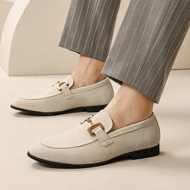 Britain Fashion Retro Men Pointed Black Slip On Flats Suede Leather Shoes Casual Loafers Formal Dress Footwear Zapatos Hombre