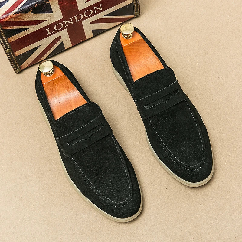 Britain Retro Men Pointed Suede Flats Genuine Leather Shoes Casual Penny Loafers Formal Dress Footwear Sapatos Tenis Masculino