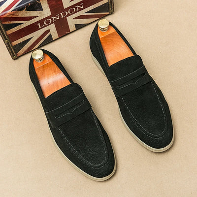 Britain Retro Men Pointed Suede Flats Genuine Leather Shoes Casual Penny Loafers Formal Dress Footwear Sapatos Tenis Masculino