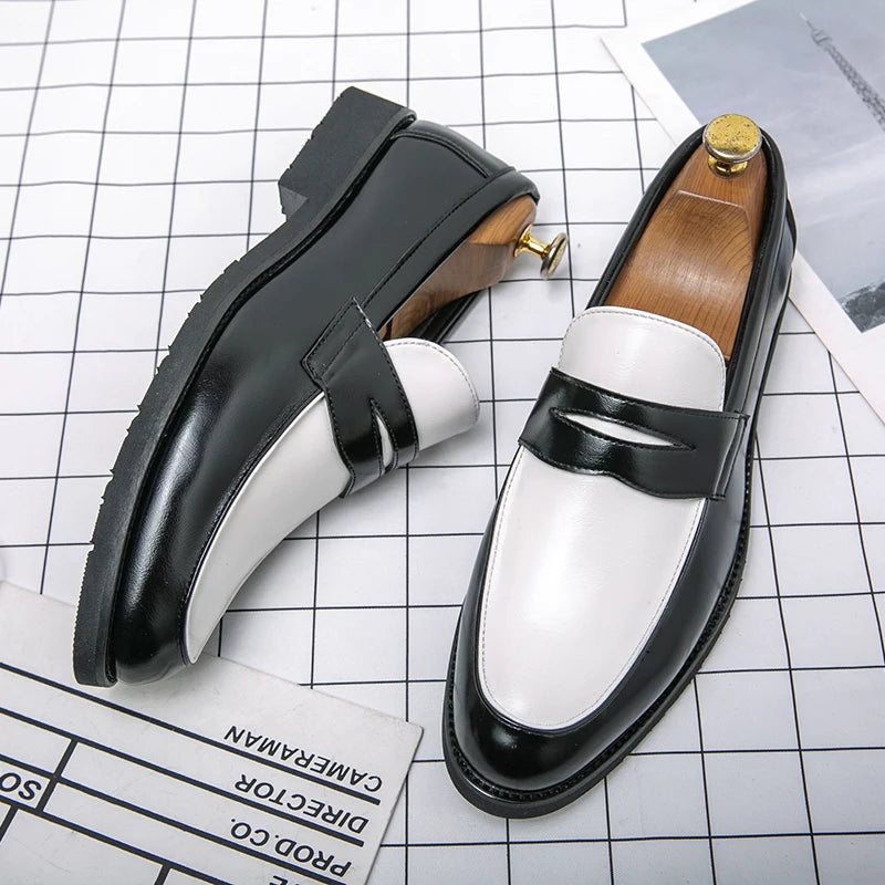 New Designer Men Pointed Two-tone Patchwork Slip On Gentleman Wedding Homecoming Dress Shoes Flats Casual Loafer  Zapatos Hombre