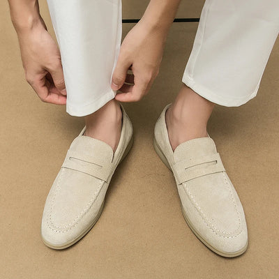 Britain Retro Men Pointed Suede Flats Genuine Leather Shoes Casual Penny Loafers Formal Dress Footwear Sapatos Tenis Masculino